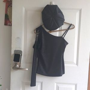 Asymmetrical Glittery Club Top with Pinstripe Hat